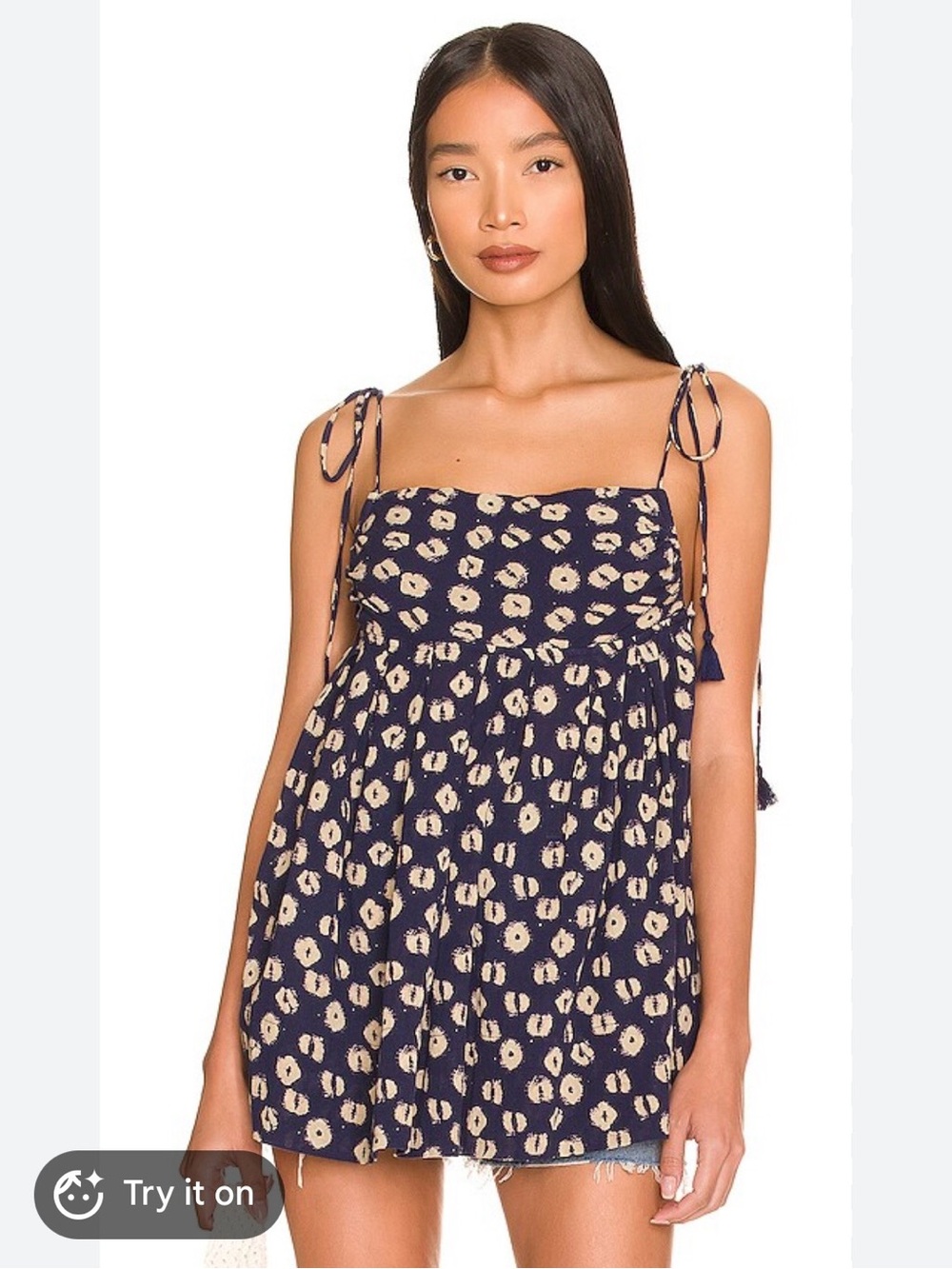 Free People Navy Blue and Cream Printed Tie-Shoulder Babydoll Top